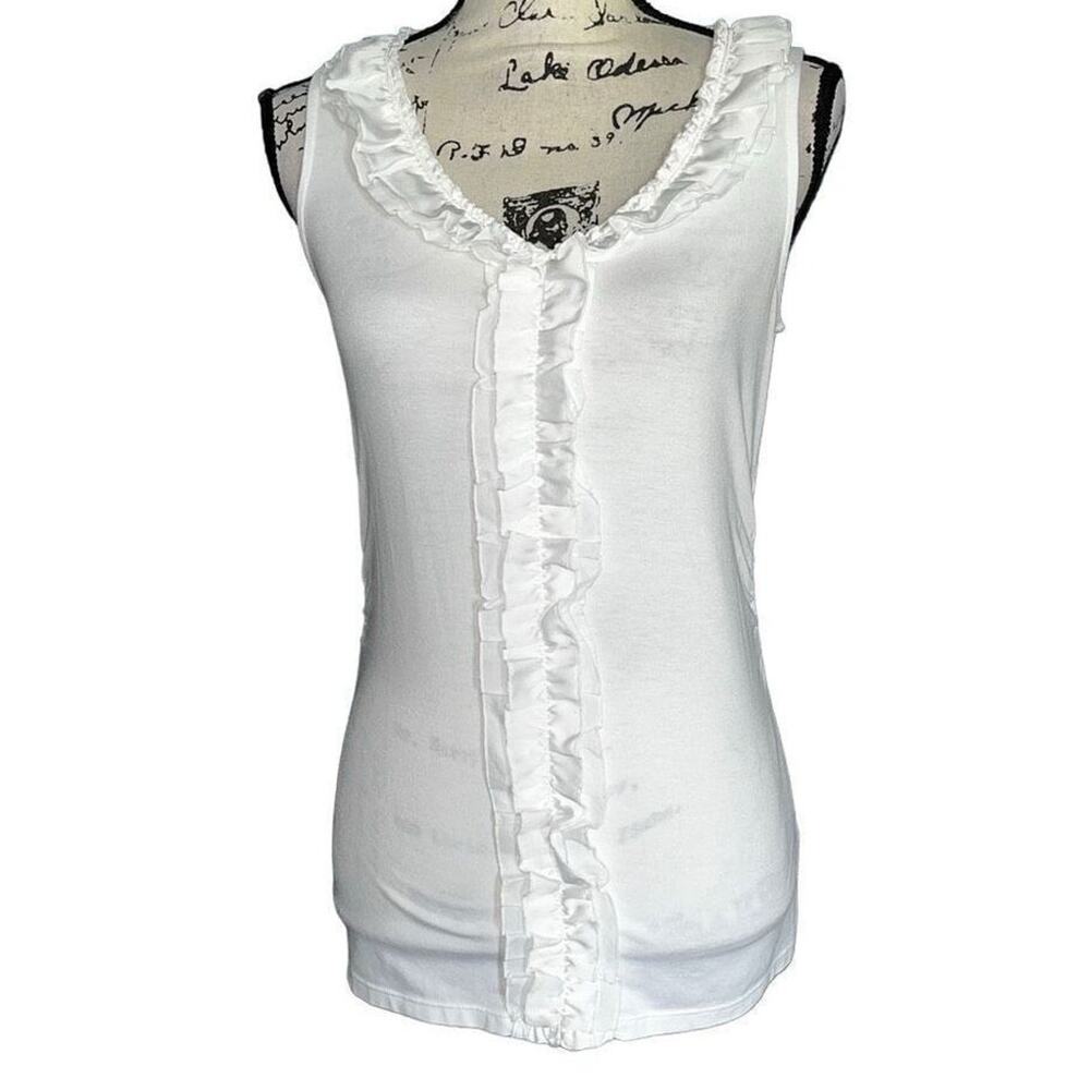 White House Black Market‎ White Ruffle V-Neck Sleeveless Tank Top Small